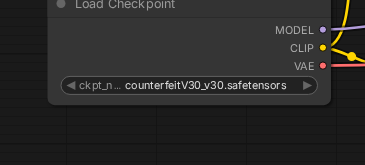 Load Checkpoint 节点实机特写，注意 MODEL 和 VAE 输出圆点